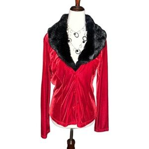Pandora Casuals ~ Women’s Medium ~ Red W/ Black Fur ~ Velvet Cardigan Jacket